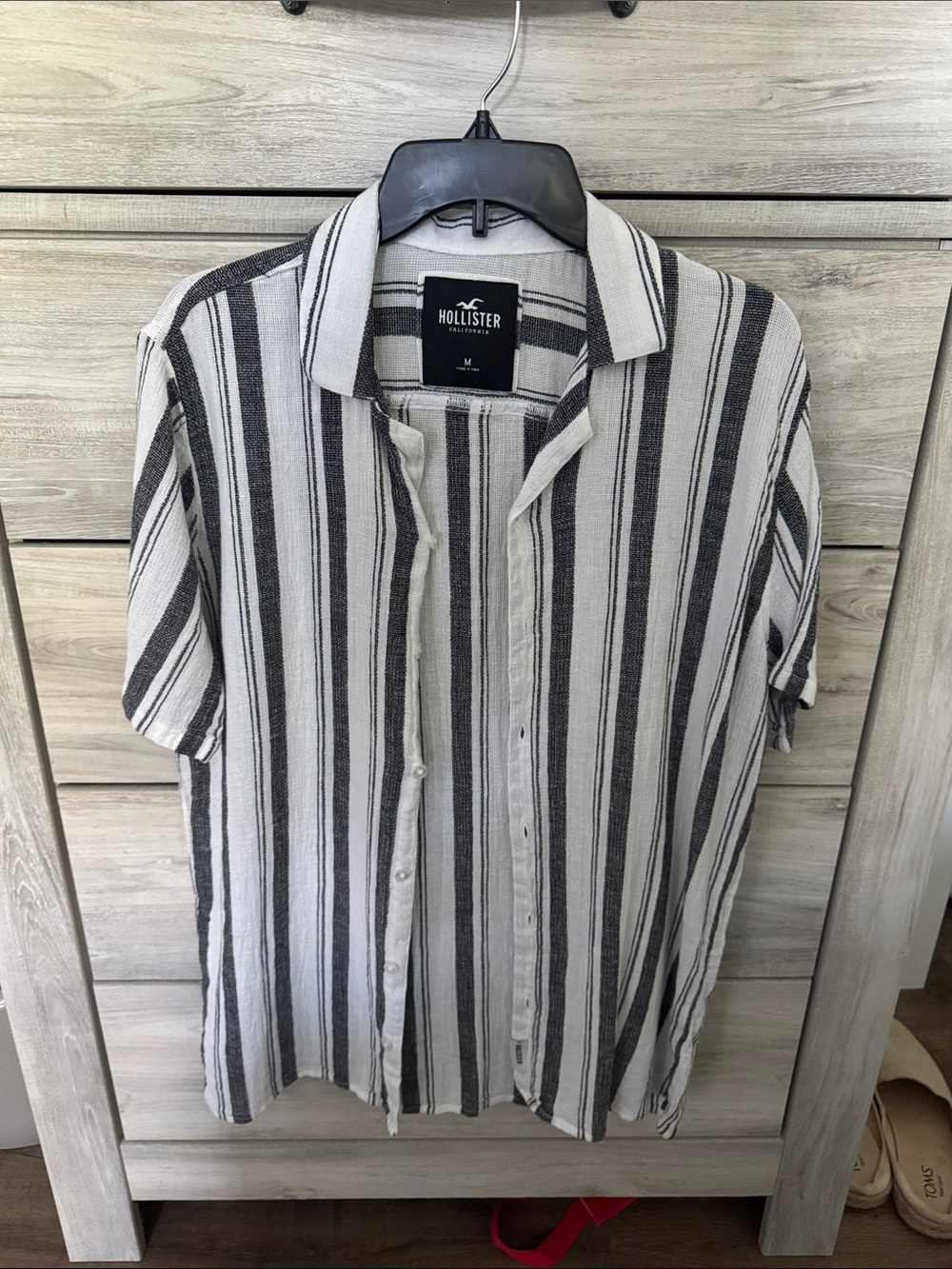 Hollister White and Black Vertical Stripe Short Sleeve Button-Up Shirt